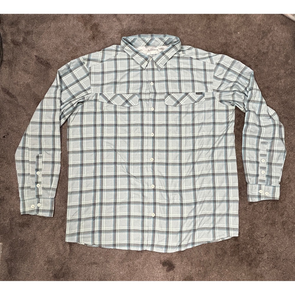 Columbia Button Down Shirt Mens XXL Blue Grey Plaid Sun Protection Long Sleeve